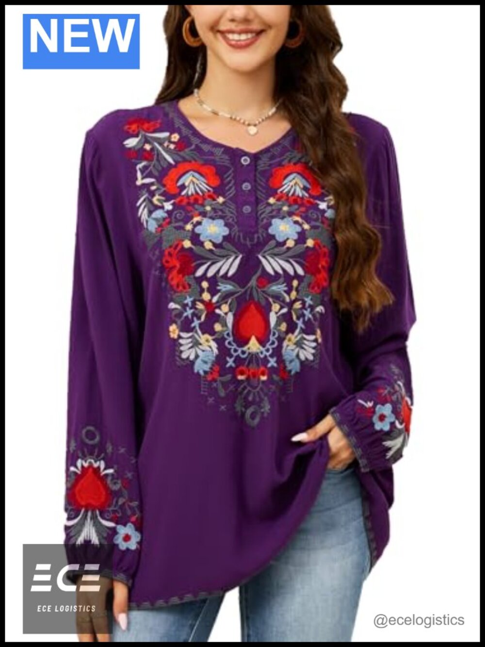 Womens Embroidered Tunic Top Long Sleeve Cotton Blend Peasant Blouse
